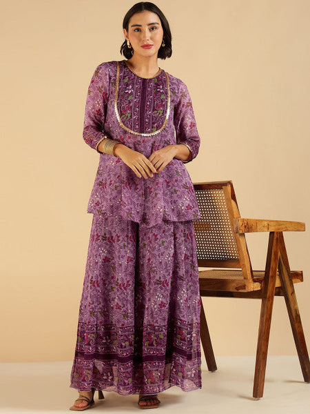 Women Fusion Floral Printed Sequinned Pure Chiffon Peplum Tunic With Palazzo Co-Ord Set VitansEthnics