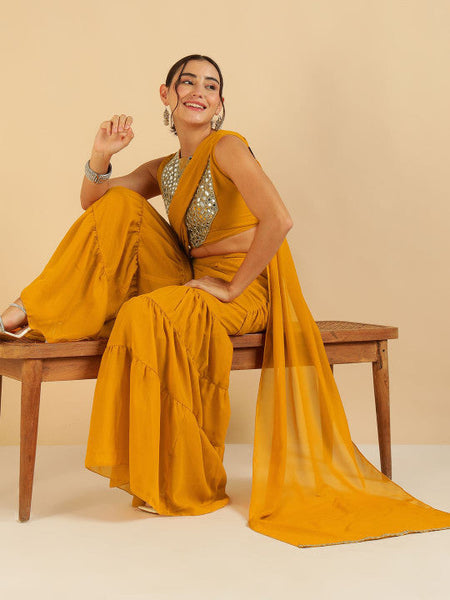 Women Embroidered and Mirror Work Crop Top With Tiered Sharara Co-Ord Set VitansEthnics