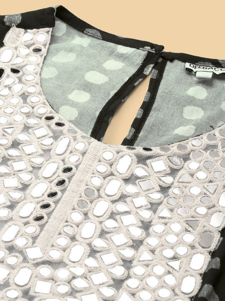 Women Fusion Polka Dots Printed Mirror Work Detail Peplum Tunic & Palazzo Co-ords Set VitansEthnics