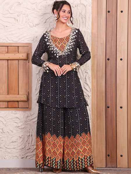 Women Bandhani Printed V-Neck Top With Palazzos Co-Ords Set VitansEthnics