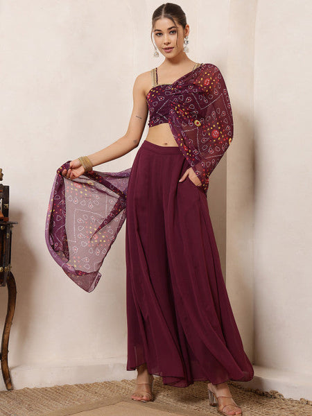 Women Bandhani Printed Crop Top Attached Dupatta With Panel Sharara Co-Ord Set VitansEthnics