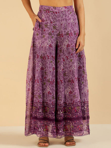 Women Fusion Floral Printed Sequinned Pure Chiffon Peplum Tunic With Palazzo Co-Ord Set VitansEthnics