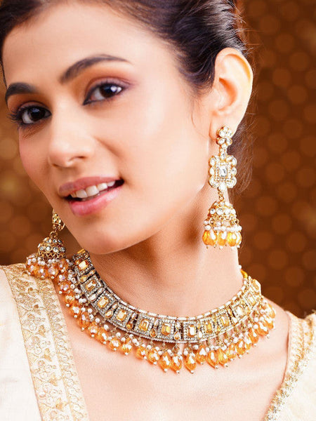 Women Antique Gold Plated Kundan Champagne Crystal Drop Necklace Set VitansEthnics