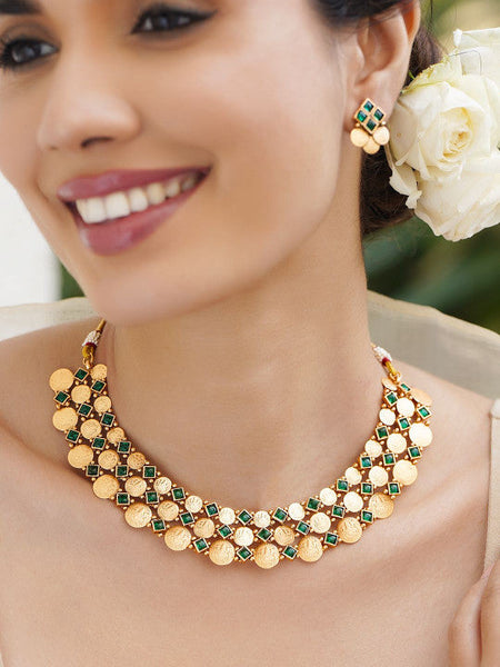 Women Gold-Plated American Diamond Green Stone-Studded Jewellery Set VitansEthnics