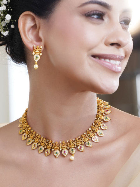 Women Gold Plated Cubic Zirconia Temple Necklace Set VitansEthnics