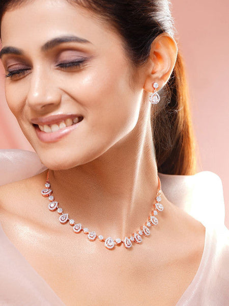 Women Rose Gold-Plated Cubic Zirconia Studded Necklace and Earrings VitansEthnics