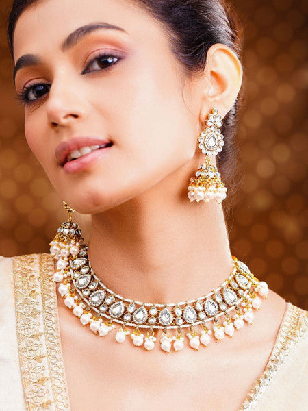 Women Gold Kundan Pearl Drop Necklace Set with Jhumka Earrings VitansEthnics