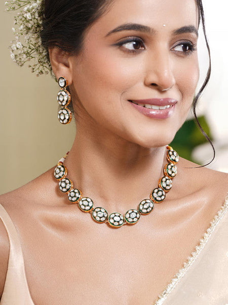Women Gold Plated Gold Brass Kundan & Enamel Statement Necklace Set VitansEthnics