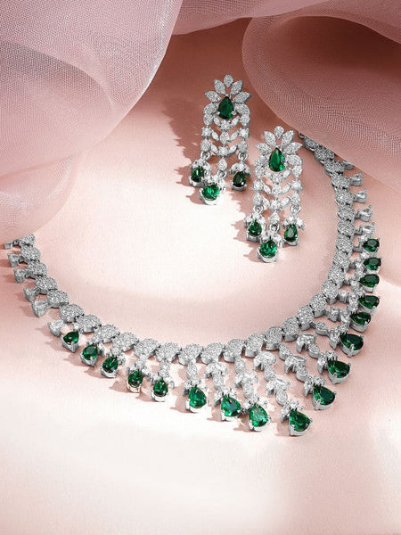 Women Rhodium Plated Cubic Zirconia Studded Necklace Set VitansEthnics