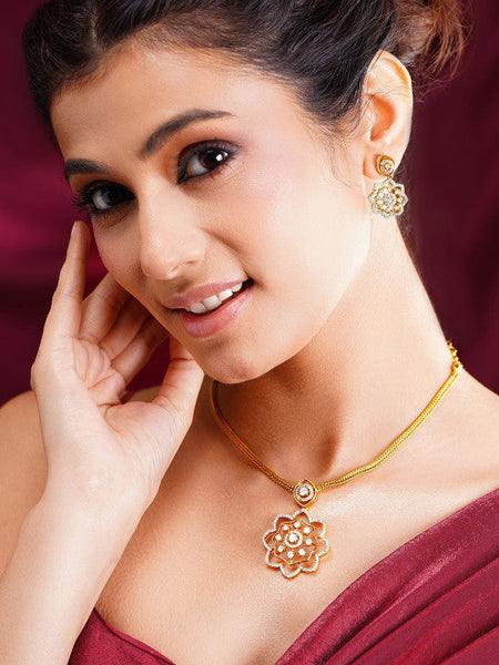 Women Gold Plated Cubic Zirconia Floral Pendant Necklace Set VitansEthnics