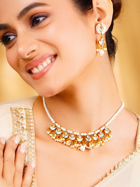 Women Gold Plated Kundan Pearl Beaded Choker Necklace Set VitansEthnics
