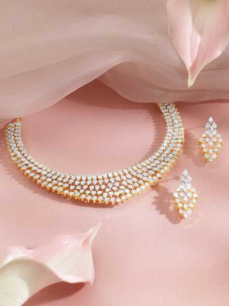 Women Gold-Plated Layered Cubic Zirconia Necklace and Earrings VitansEthnics