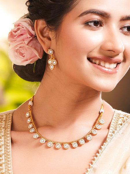 Women Gold Plated Kundan Pearl Charm Necklace Jewellery Set VitansEthnics