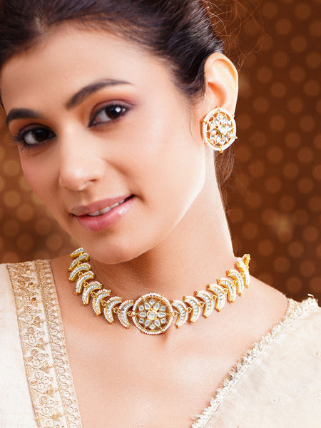 Women Gold Plated Kundan Pearl Beaded Crescent Floral Choker Necklace Set VitansEthnics