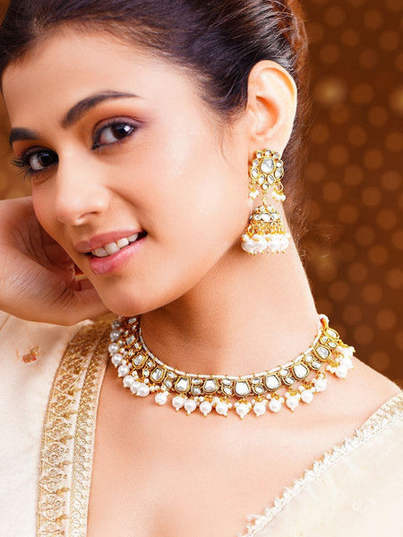 Women Gold Plated Kundan Pearls Beaded Cluster Maang Tika and Earrings VitansEthnics