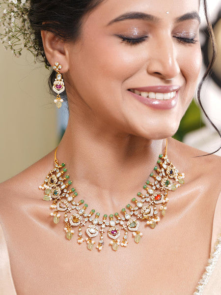 Women Gold Plated Multicolor Kundan CZ Cascade Beaded Necklace Set VitansEthnics