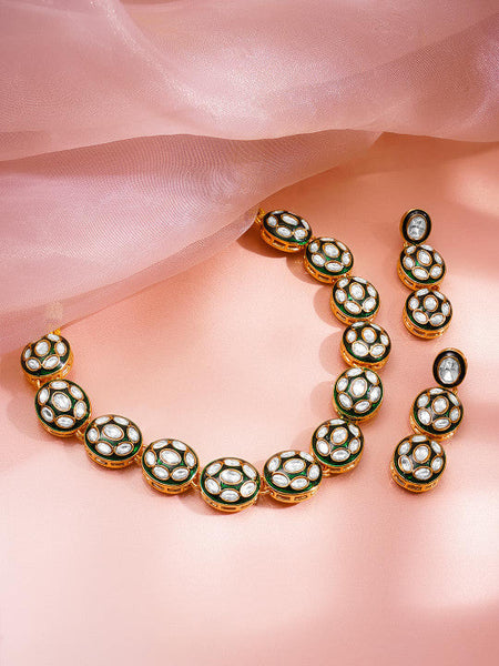 Women Gold Plated Gold Brass Kundan & Enamel Statement Necklace Set VitansEthnics