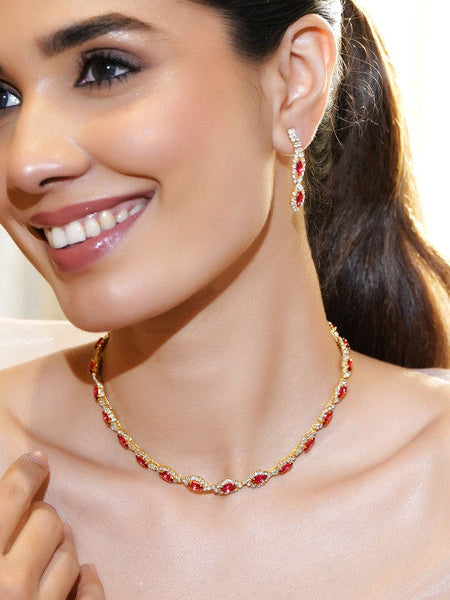Women Gold-Plated Red Crystals & American Diamond Studded Jewellery Set VitansEthnics