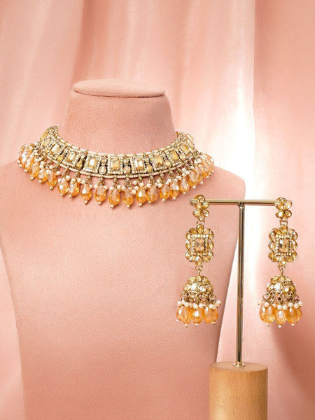 Women Antique Gold Plated Kundan Champagne Crystal Drop Necklace Set VitansEthnics