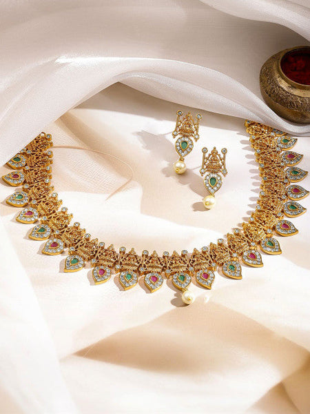 Women Gold Plated Cubic Zirconia Temple Necklace Set VitansEthnics