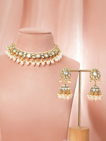 Women Gold Plated Kundan Pearls Beaded Cluster Maang Tika and Earrings VitansEthnics