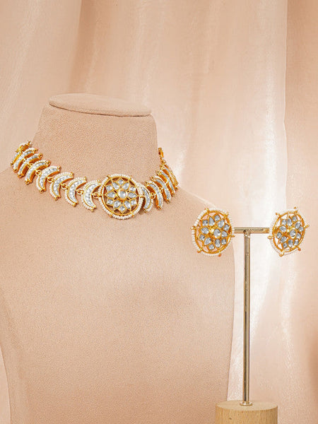 Women Gold Plated Kundan Pearl Beaded Crescent Floral Choker Necklace Set VitansEthnics