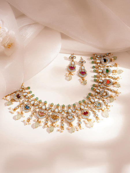 Women Gold Plated Multicolor Kundan CZ Cascade Beaded Necklace Set VitansEthnics
