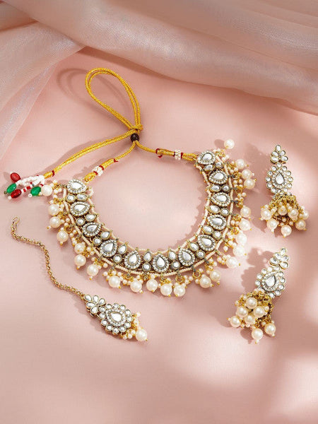 Women Gold Kundan Pearl Drop Necklace Set with Jhumka Earrings VitansEthnics