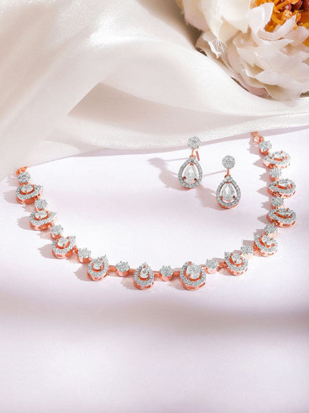 Women Rose Gold-Plated Cubic Zirconia Studded Necklace and Earrings VitansEthnics