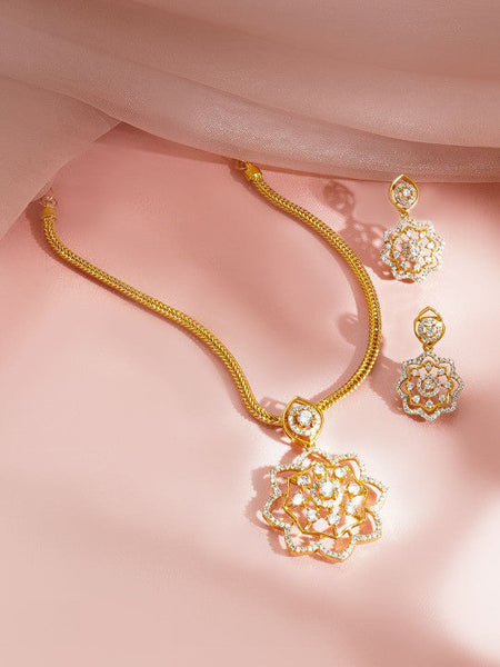 Women Gold Plated Cubic Zirconia Floral Pendant Necklace Set VitansEthnics