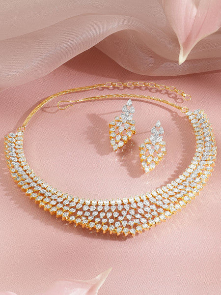 Women Gold-Plated Layered Cubic Zirconia Necklace and Earrings VitansEthnics