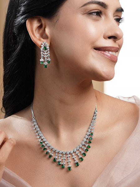 Women Rhodium Plated Cubic Zirconia Studded Necklace Set VitansEthnics