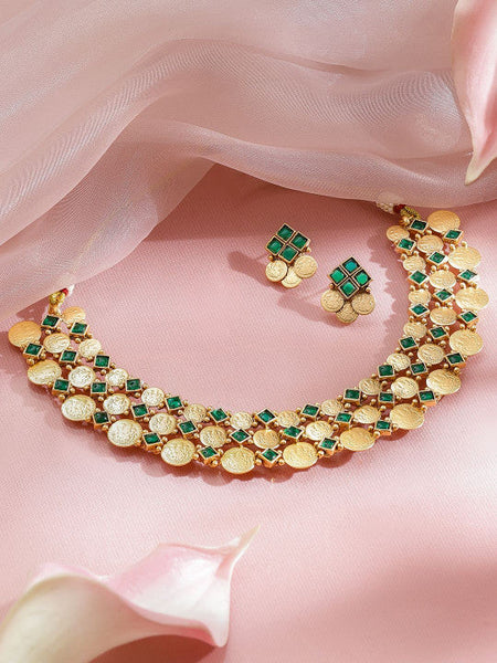 Women Gold-Plated American Diamond Green Stone-Studded Jewellery Set VitansEthnics