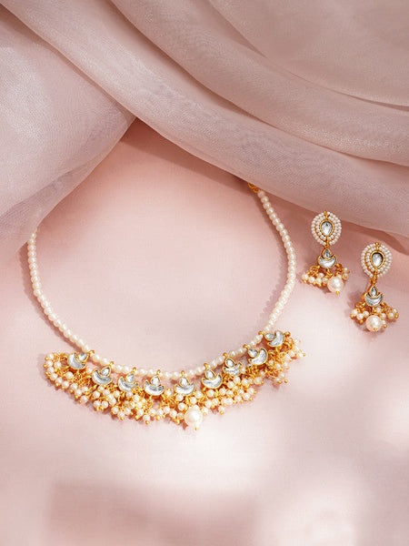 Women Gold Plated Kundan Pearl Beaded Choker Necklace Set VitansEthnics