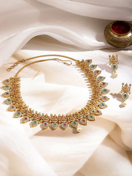 Women Gold Plated Cubic Zirconia Temple Necklace Set VitansEthnics