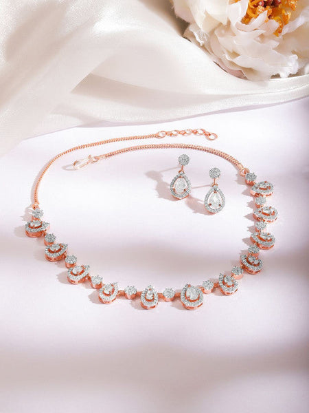Women Rose Gold-Plated Cubic Zirconia Studded Necklace and Earrings VitansEthnics