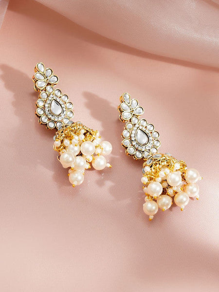 Women Gold Kundan Pearl Drop Necklace Set with Jhumka Earrings VitansEthnics