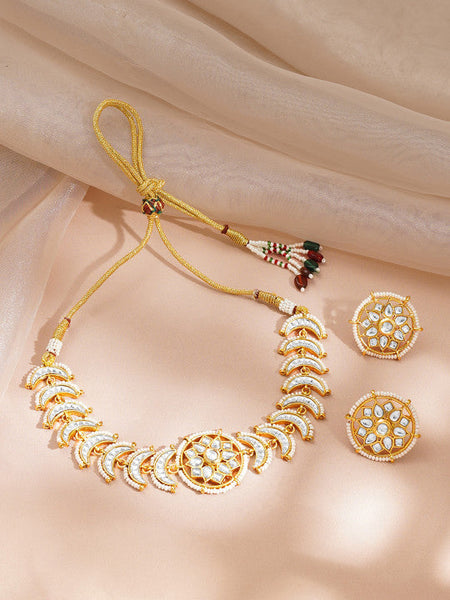 Women Gold Plated Kundan Pearl Beaded Crescent Floral Choker Necklace Set VitansEthnics