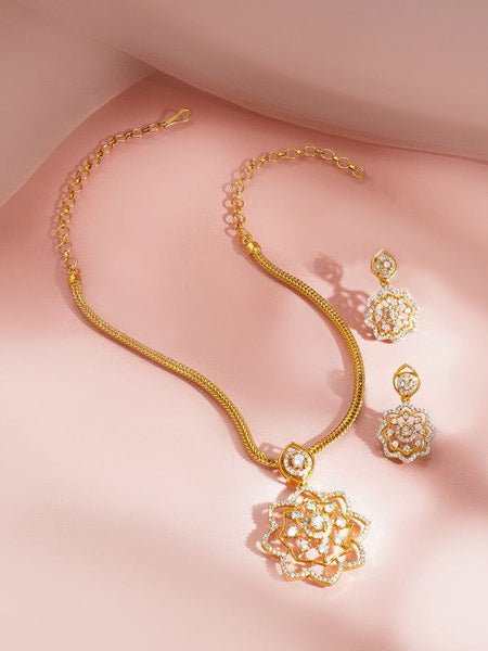 Women Gold Plated Cubic Zirconia Floral Pendant Necklace Set VitansEthnics