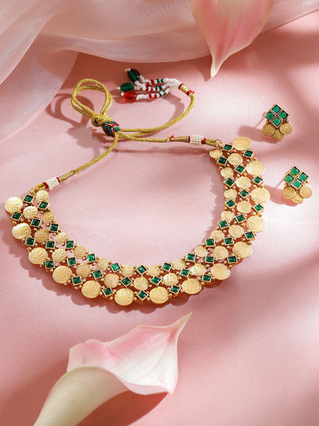 Women Gold-Plated American Diamond Green Stone-Studded Jewellery Set VitansEthnics