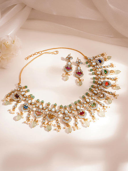 Women Gold Plated Multicolor Kundan CZ Cascade Beaded Necklace Set VitansEthnics