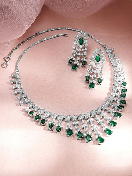 Women Rhodium Plated Cubic Zirconia Studded Necklace Set VitansEthnics