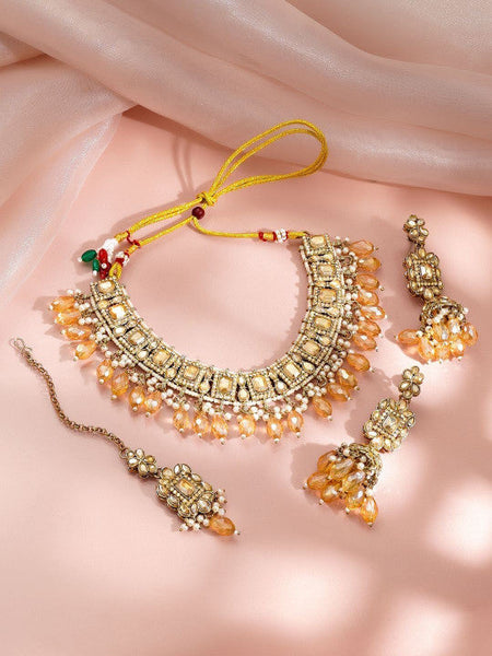 Women Antique Gold Plated Kundan Champagne Crystal Drop Necklace Set VitansEthnics