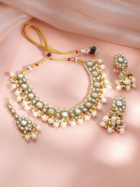 Women Gold Plated Kundan Pearls Beaded Cluster Maang Tika and Earrings VitansEthnics