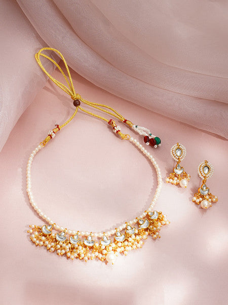 Women Gold Plated Kundan Pearl Beaded Choker Necklace Set VitansEthnics