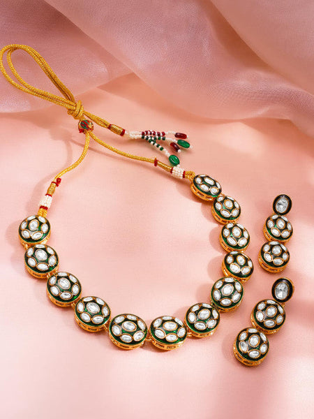Women Gold Plated Gold Brass Kundan & Enamel Statement Necklace Set VitansEthnics