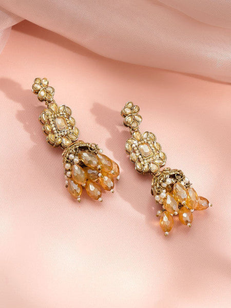 Women Antique Gold Plated Kundan Champagne Crystal Drop Necklace Set VitansEthnics