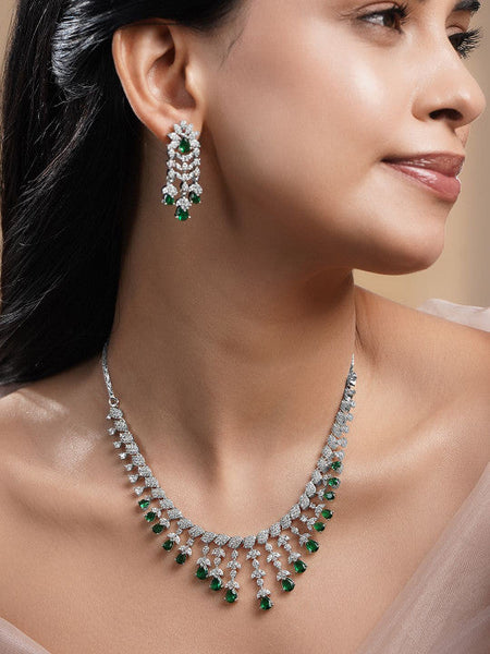 Women Rhodium Plated Cubic Zirconia Studded Necklace Set VitansEthnics