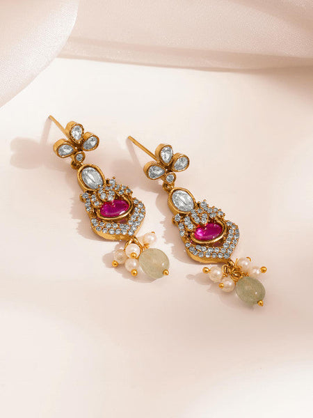 Women Gold Plated Multicolor Kundan CZ Cascade Beaded Necklace Set VitansEthnics