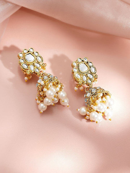 Women Gold Plated Kundan Pearls Beaded Cluster Maang Tika and Earrings VitansEthnics
